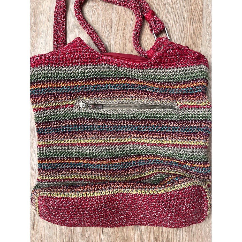 The Sak Crochet Striped Shoulder Bag Red Multi Color Zip Pocket Tote Handbag - Picture 3 of 9